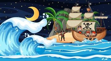 île avec bateau pirate à la scène de nuit en style cartoon vecteur