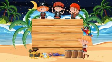 enfants pirates à la scène de nuit de plage avec une bannière en bois vide vecteur