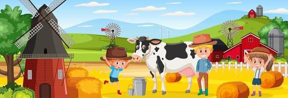 paysage de ferme avec un personnage de dessin animé pour enfants et une vache vecteur