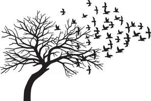silhouette d'arbre noir nu effrayant et volée d'oiseaux en vol vecteur