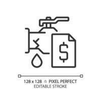 2d pixel parfait modifiable noir tuyau fuite avec dollar icône, isolé vecteur, mince ligne illustration représentant plomberie. vecteur