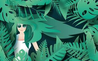 illustration de magnifique fille avec longue cheveux. Jeune mignonne femme relaxant dans tropical jungle. gens le en train de dormir pour des lunettes dans forêt. Créatif conception papier Couper et artisanat. été. vecteur. eps10 vecteur