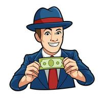 illustration de une homme clignotant une les pouces en haut tandis que en portant dollar factures vecteur