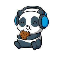 mignonne Panda écoute la musique avec casque de musique ea biscuit vecteur