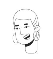 audacieux femme portant cerceaux des boucles d'oreilles noir et blanc 2d ligne dessin animé personnage diriger. non-conformiste femelle court aux cheveux isolé vecteur contour la personne affronter. gai monochromatique plat place illustration