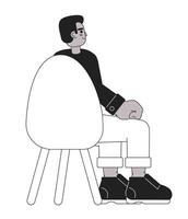 noir Jeune adulte homme séance dans chaise retour vue noir et blanc 2d dessin animé personnage. africain américain gars conférence participant isolé vecteur contour personne. monochromatique plat place illustration