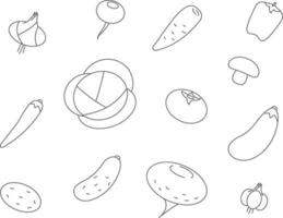 icônes de ligne de légumes. définir l'icône vectorielle du chou végétal, des carottes, du concombre, de l'ail, des oignons, des poivrons vecteur