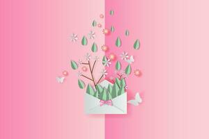 3d papier art de illustration printemps feuille et fleur décoration sur mis texte arrière-plan, papier Couper et artisanat printemps style pastel couleur, conception par papier des lettres ou enveloppe concept, doux, vecteur. vecteur