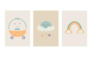 une collection de charmant scandinave style boho bébé cartes avec adorable griffonnage les enfants clipart.mignon dessin animé bohémien garderie affiches.pour douche faire-part, affiches, et plus. vecteur