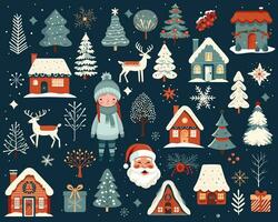 gros ensemble de main tiré Noël éléments. scandi Noël illustration, mignonne Maisons, des arbres, cerf, Père Noël claus. vecteur