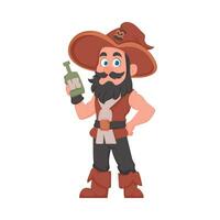 marrant et mignonne Masculin pirate en portant une bouteille de rhum. dessin animé style vecteur