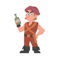 marrant et mignonne Masculin pirate en portant une bouteille de rhum. dessin animé style vecteur