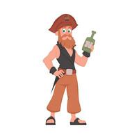 marrant et mignonne Masculin pirate en portant une bouteille de rhum. dessin animé style vecteur