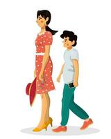 mère avec sa content fils marche. dessin animé vecteur illustration de Célibataire parent avec enfant.