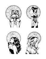 main tiré des illustrations et silhouettes de monochrome les arts de astrologique panneaux et beauté femmes. vecteur