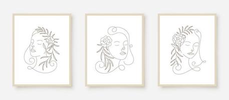 visages de femme de beauté dans le cadre floral de dessin au trait vecteur