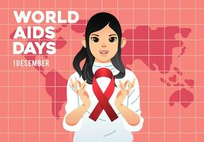monde sida journée campagne affiche, Jeune femmes avec sida logo sur sa main et monde carte à Contexte vecteur illustration