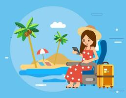 femmes personnage en portant smartphone, asseyez-vous sur transport chaise et Aller vacances sur plage, valise à côté de, et plage comme une Contexte vecteur illustration