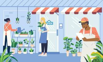 Activités de commerçants dans une plante boutique, prise ordres, arrosage végétaux, en mouvement mis en pot les plantes vecteur illustration