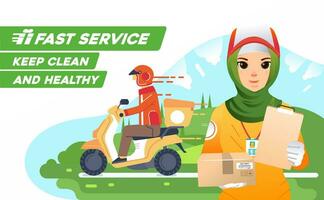 hijab fille livraison courrier livrer comme mascotte livraison entreprise, Envoi en cours paquet en utilisant scooter avec en bonne santé et nettoyer standart vecteur
