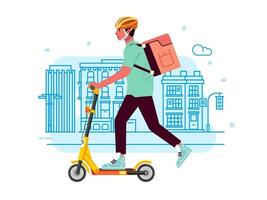 homme courrier livraison un service livraison paquet balade électrique scooter avec GPS par ville plat vecteur illustration.