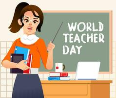 monde prof journée illustrer par Jeune femme prof enseignement dans de face de classe en portant livres et longue bâton, bureau et tableau noir derrière vecteur illustration