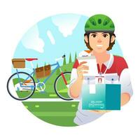 Jeune courrier garçon livrer le paquet équitation vélo et donnant le reçu à client bannière vecteur illustration