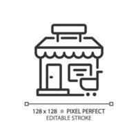 2d pixel parfait modifiable noir boutique icône, isolé vecteur, bâtiment mince ligne illustration. vecteur