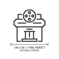 2d pixel parfait modifiable noir théâtre icône, isolé vecteur, bâtiment mince ligne illustration. vecteur