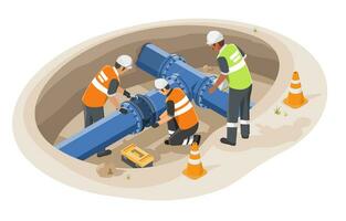 souterrain l'eau tuyau construction ingénierie inspection et ouvrier travail entretien isométrique isolé dessin animé vecteur