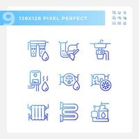 pixel parfait pente Icônes représentant plomberie, bleu mince ligne illustration ensemble. vecteur