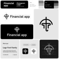 financier app monochrome affaires logo avec marque nom. solide pilier et parapluie icône. Créatif conception élément et visuel identité. modèle avec corde à main Police de caractère. adapté pour investissement application. vecteur