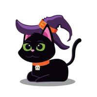 Chat noir de dessin animé kawaii avec chapeau de sorcière halloween vecteur