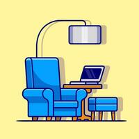 canapé, coin table et portable dessin animé vecteur icône illustration. La technologie intérieur icône concept isolé prime vecteur. plat dessin animé style