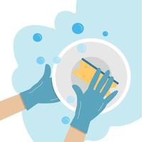 les mains dans un gant en caoutchouc lave une assiette vecteur