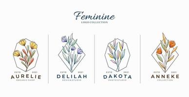 beaux logos féminins de fleurs botaniques avec des formes géométriques vecteur
