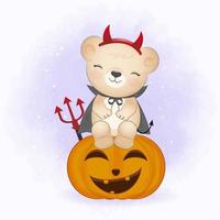 mignon diable ours sur citrouille. illustration d'halloween vecteur