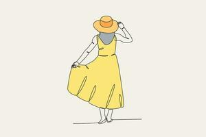 Couleur illustration de une femme portant une robe tandis que sur vacances vecteur