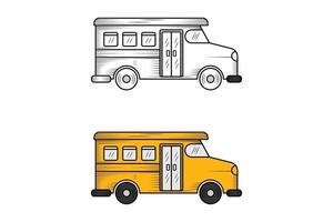 croquis et couleur d'illustration dessinés à la main d'autobus scolaire vecteur