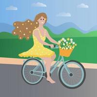 fille à vélo avec un panier plein de fleurs. vecteur