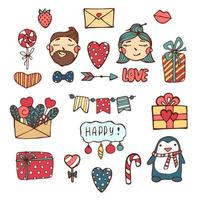 pack d'autocollants d'amour avec des coeurs. coeurs et mots dessinés à la main vecteur