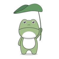 grenouille de dessin animé mignon tenant un parapluie de feuille vecteur