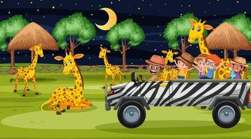 safari nocturne avec des enfants regardant un groupe de girafes vecteur