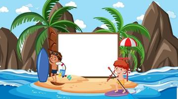 modèle de bannière vide avec des enfants en vacances sur la scène de jour de la plage vecteur
