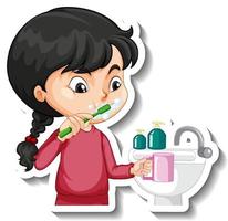 autocollant de personnage de dessin animé avec une fille se brosser les dents vecteur