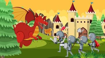 les chevaliers se battent avec le dragon au château vecteur