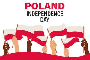 polonais indépendance journée. multiracial mains avec polonais drapeaux. Pologne indépendance journée bannière. illustration, affiche, vecteur