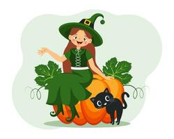 Halloween illustration, mignonne peu dessin animé sorcière avec citrouille, noir chat. enfants imprimer, vecteur