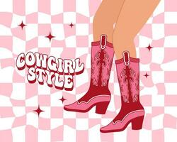 aux femmes élégant jambes dans cow-boy bottes avec un ornement. rose occidental cow-girl style bottes et texte sur une rétro Contexte. illustration. vecteur