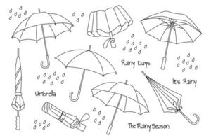 ensemble de pluie parapluies, ouvert et fermé parapluies. collection de saisonnier accessoires. esquisser, linéaire Icônes pour coloration. vecteur